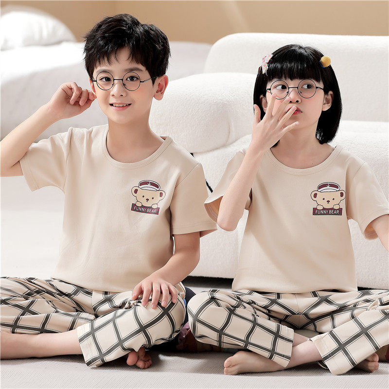 儿童睡衣男童纯棉短袖长裤12女童中大童15岁夏天空调小男孩家居服
