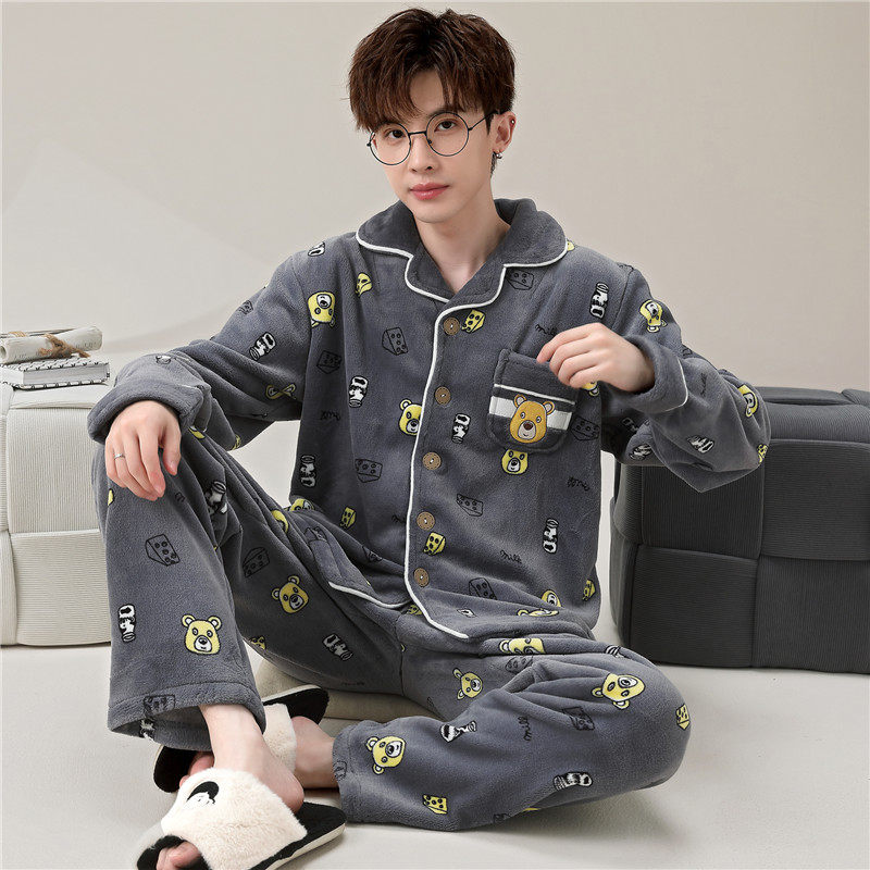 青少年睡衣男生秋冬季加厚款法兰绒男孩初中学生珊瑚绒家居服套装