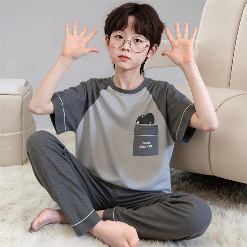 儿童睡衣男童夏季纯棉短袖长裤男孩中大童学生韩版简约家居服套装