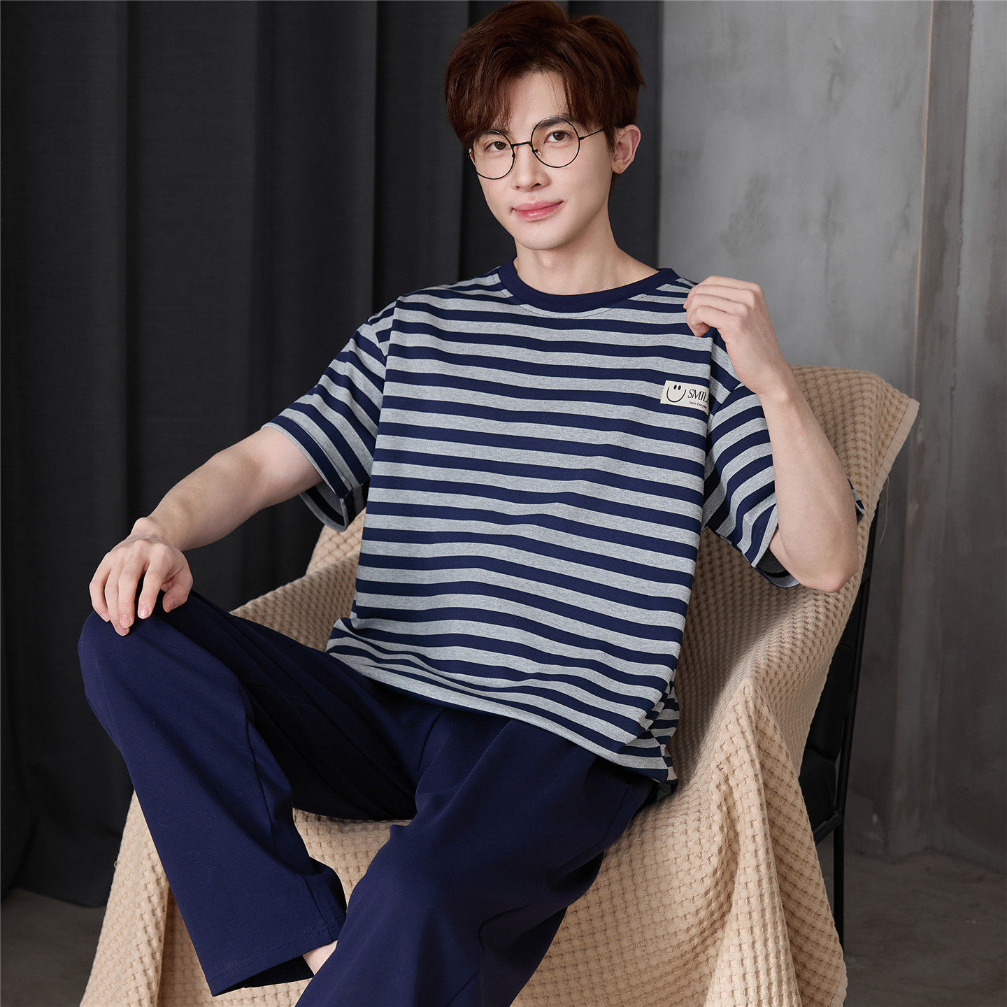 大童睡衣男孩夏季纯棉短袖长裤男款青少年学生条纹休闲家居服套装