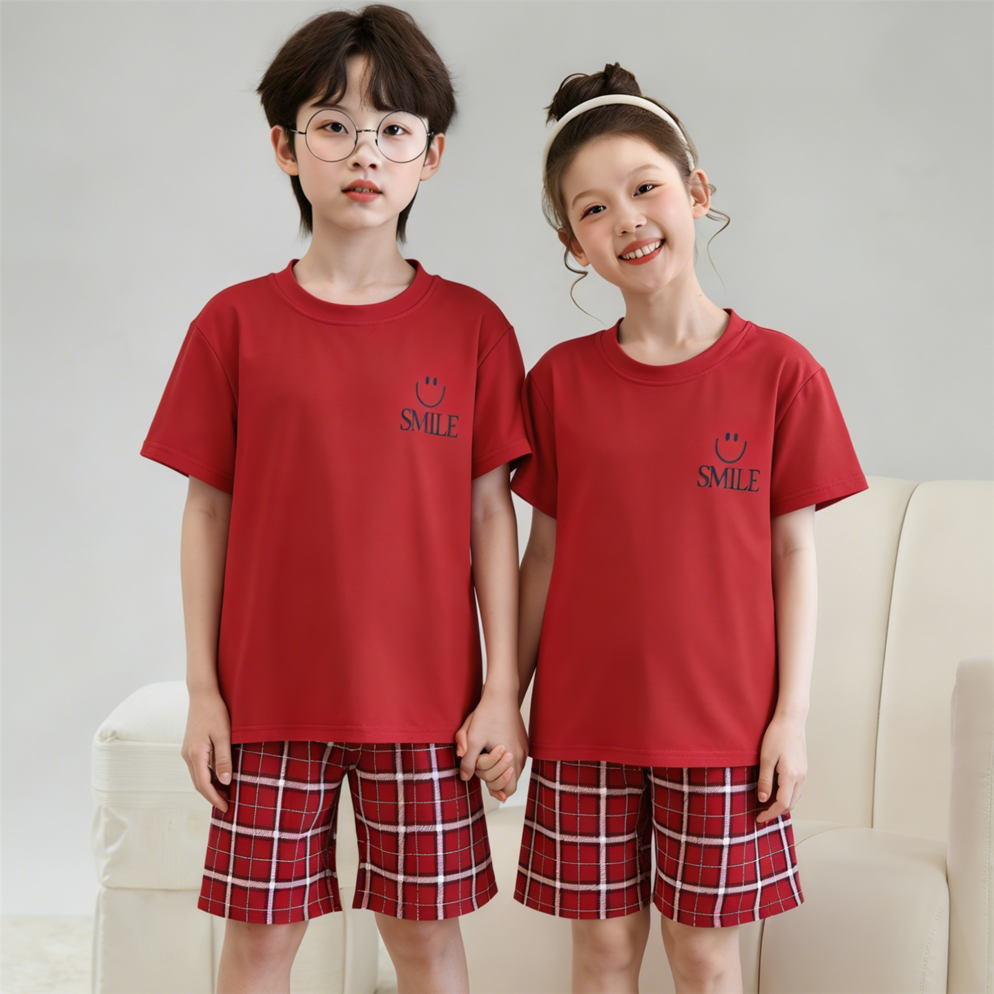 儿童睡衣男童夏季薄款短袖纯棉小女孩中大童红色家居服套装12岁15