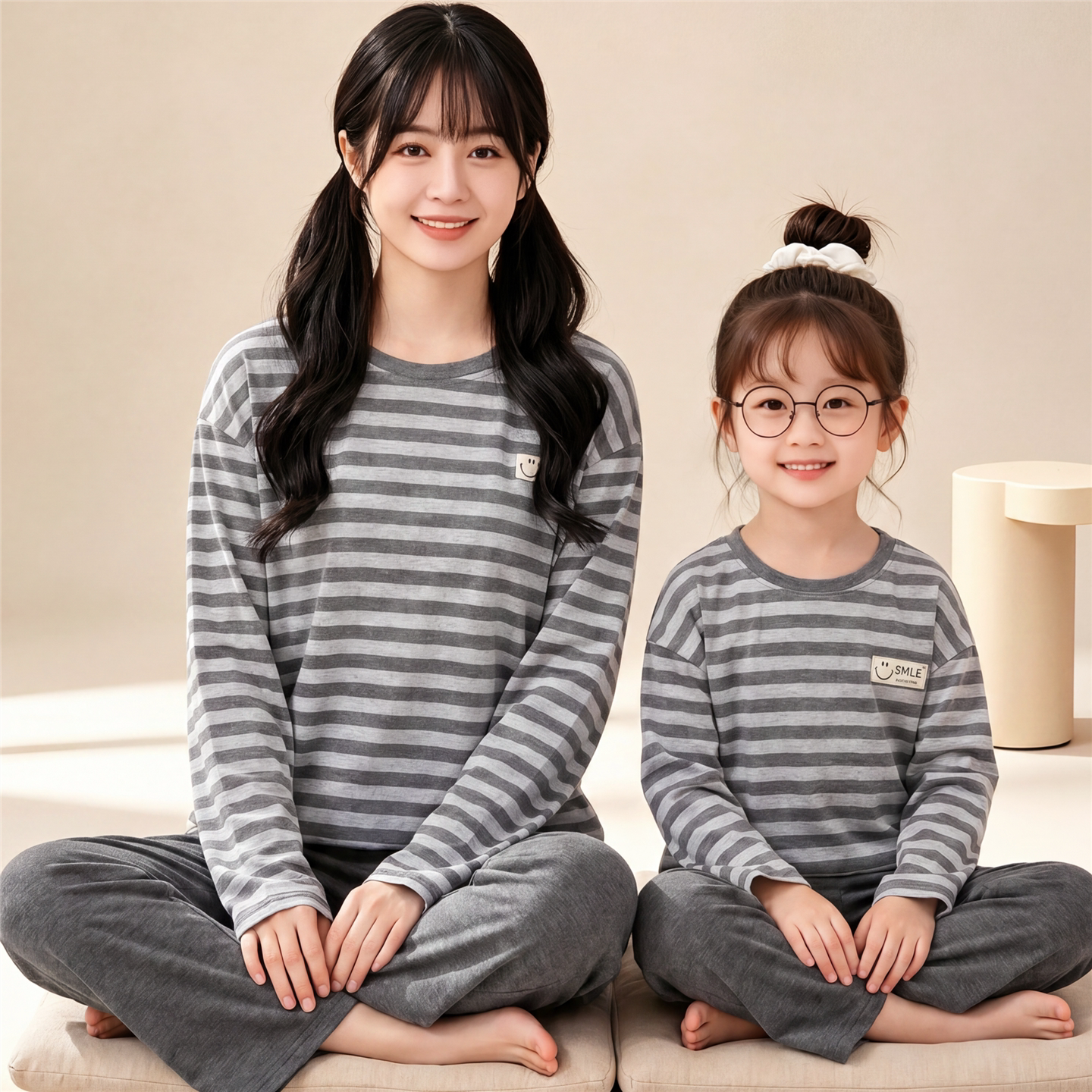 儿童睡衣女童春秋季纯棉长袖长裤女孩中大童全棉条纹母女装家居服