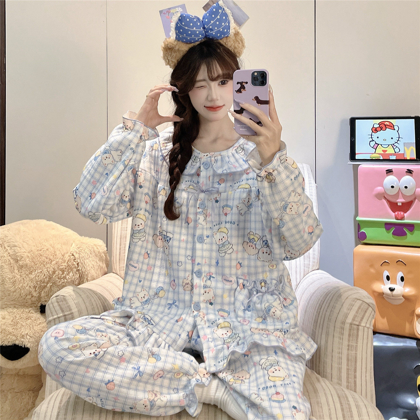 女孩中大童睡衣春秋季长袖夹层棉初中高中学生日系甜美家居服套装