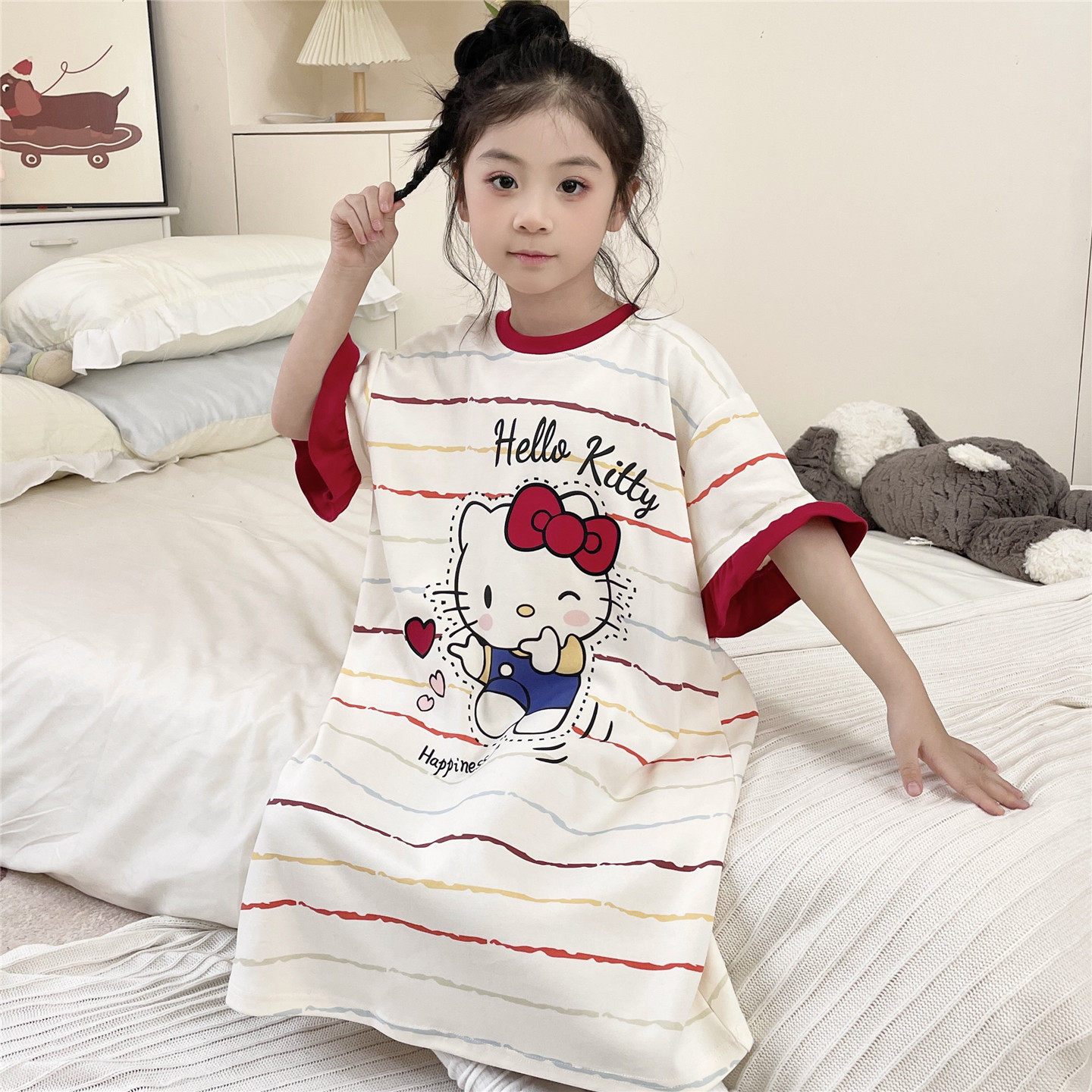 儿童睡衣女童睡裙夏天薄款短袖纯棉女孩中大童学生全棉卡通家居服