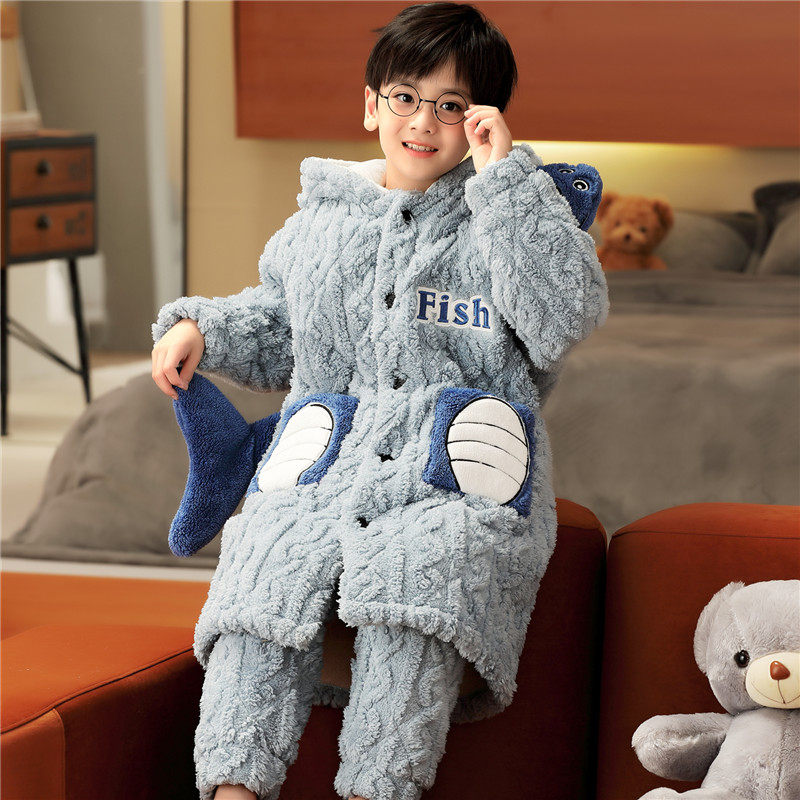 儿童睡衣男童秋冬季珊瑚绒法兰绒小孩中大童男生三层夹棉睡袍套装