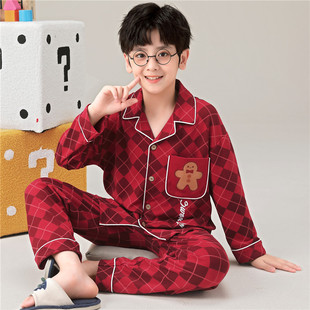 儿童睡衣男童春秋季长袖纯棉小男孩中大童格子红色家居服男生套装