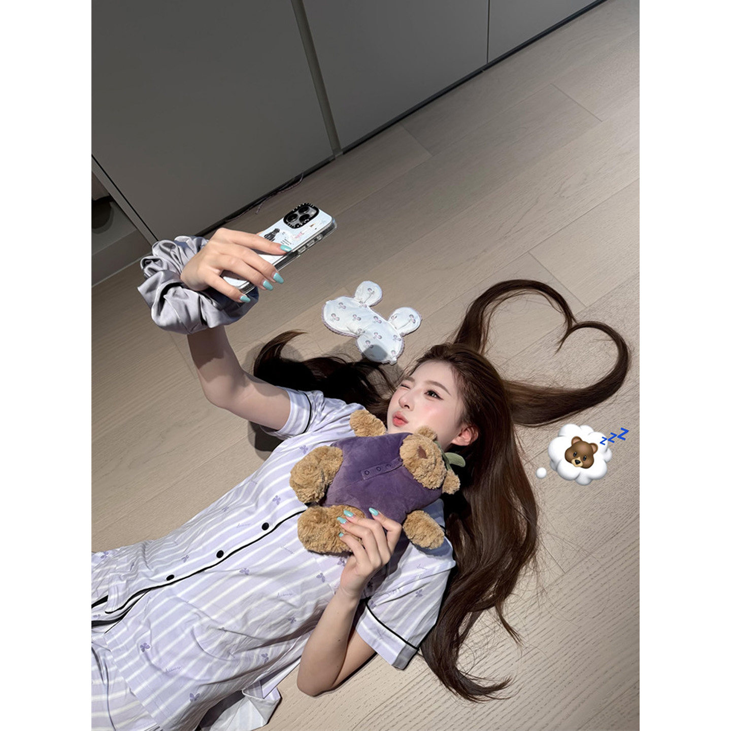 少女感可爱蓝色条纹蝴蝶结翻领短袖睡衣女夏季休闲三件套家居服