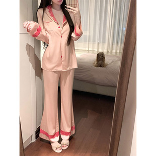 甜美可爱少女感蕾丝粉色冰丝长袖睡衣女秋季宽松长裤家居服套装潮