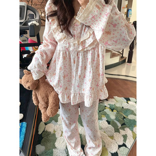 可爱蕾丝花边卡通蝴蝶结小熊长袖睡衣女春秋季长裤休闲家居服套装