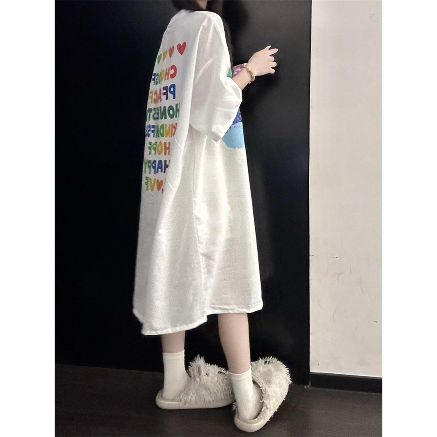 少女感白色彩虹花朵猫咪短袖睡裙女夏季宽松休闲中长款慵懒家居服
