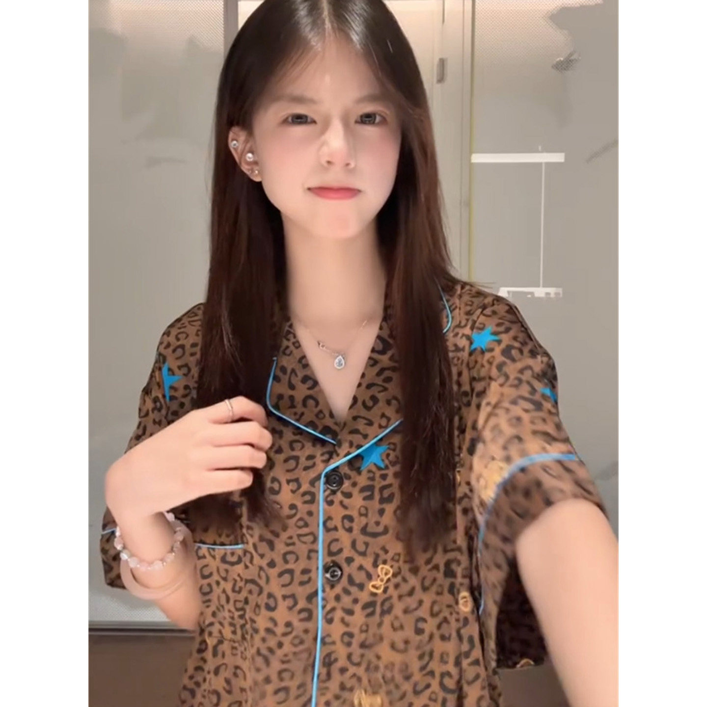 少女感可爱豹纹蝴蝶结星星翻领短袖睡衣女夏季宽松休闲家居服套装