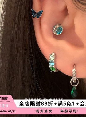 Pink Daily绿色超闪锆石水滴蝴蝶耳钉耳环女精致钛钢耳骨钉耳饰