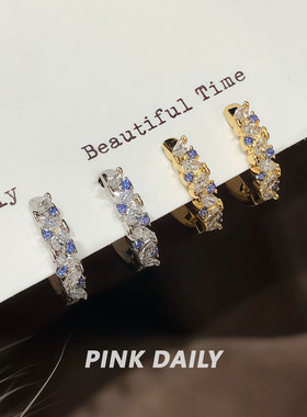 Pink Daily爆闪撞色锆石金色钛钢直针耳环女时尚气质耳圈耳扣耳饰