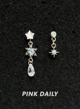 Pink Daily蓝色雪花八芒星闪钻吊坠钛钢耳钉女双耳洞搭配耳坠耳饰