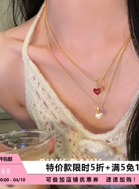 【特价款】红色双面贝母爱心吊坠钛钢项链女简约锁骨链装饰毛衣链