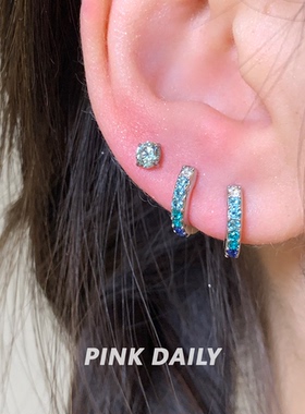 Pink Daily渐变色锆石直针耳圈女蓝色圈圈耳环素圈耳扣圆圈耳饰