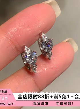 Pink Daily灰色爱心锆石直针耳环女独特漂亮素圈圈圈耳圈耳扣耳饰