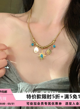 【特价款】中古风太阳流苏吊坠钛钢项链女金色新中式民族风锁骨链