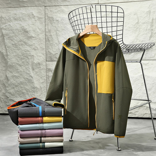 男女情侣款户外连帽暖绒撞色外套