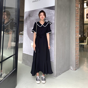 娃娃领学生大码长裙微胖女生雪纺胖mm遮肚子连衣裙宽松显瘦到脚踝