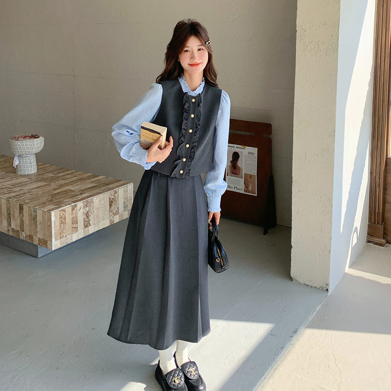 韩系小众时尚叠穿搭减龄显瘦青春感学院风少女花边设计三件套套装