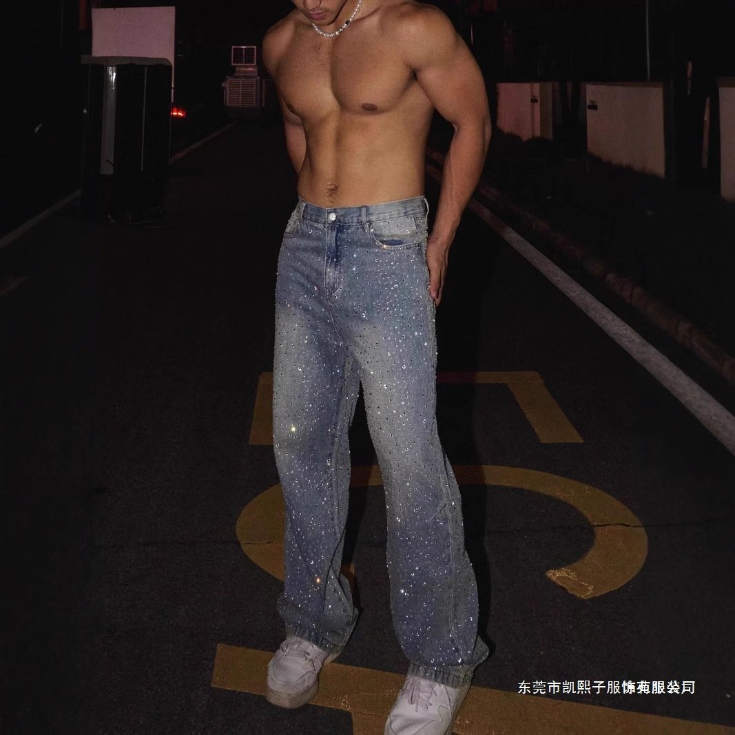2025新款高街美式满钻牛仔裤男 小众闪钻复古感直筒长裤蓝色现货