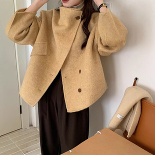 韩版新款ins风小个子短款宽松立领羊毛大衣女26年秋冬羊毛呢外套