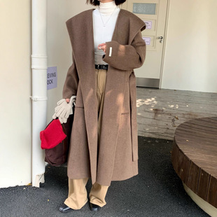 2025年秋冬新款羊绒大衣女连帽浴袍款收腰宽松中长款羊毛呢外套女