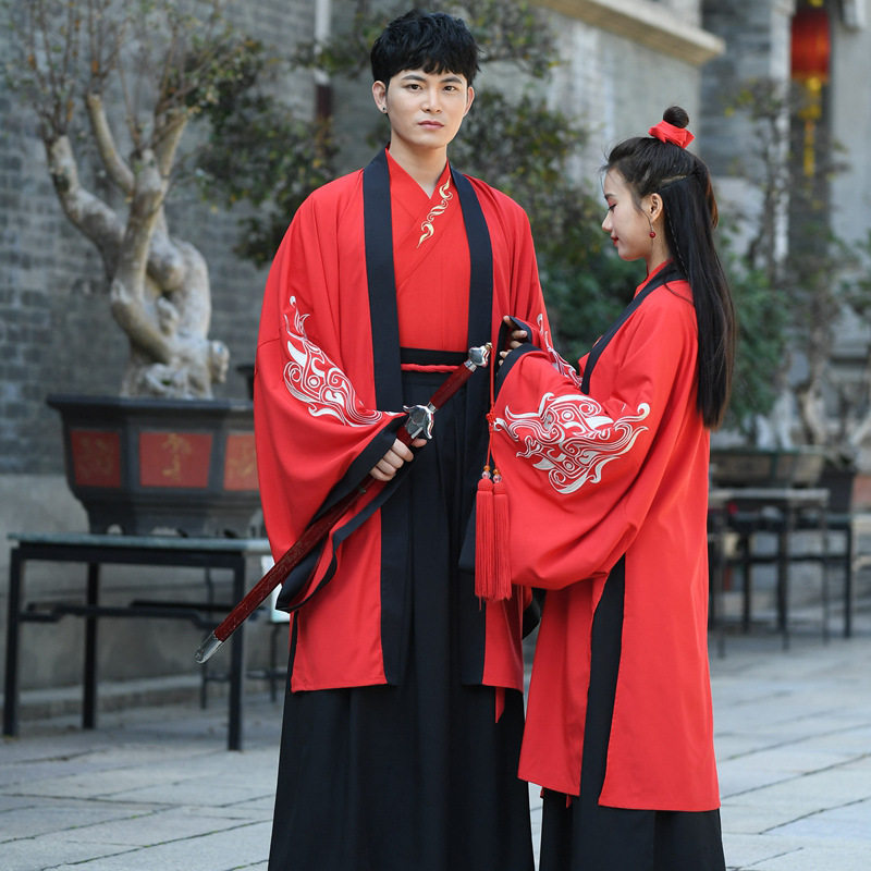 中国风春夏新款汉服男女情侣套装古装汉元素古风红色汉制襦袍套装