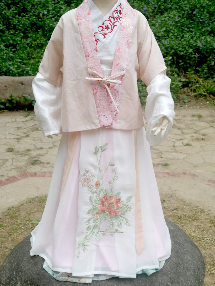独家汉服对襟褙子方领比甲儿童肉粉棉麻织锦双层绣花下裙现货孤品