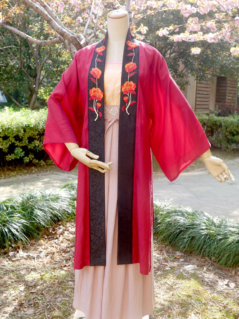 梦徊霓裳独家汉服中国风复原款长干寺绣花山茶真丝褙子孤品现货