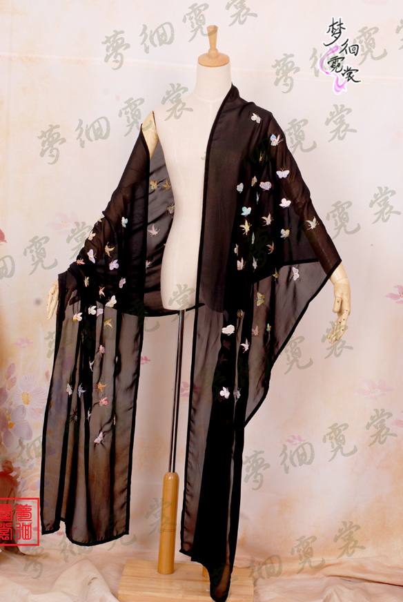 独家设计汉服绣花披帛超长重工刺绣百蝶图唐风汉韵蝴蝶-黑色彩蝶