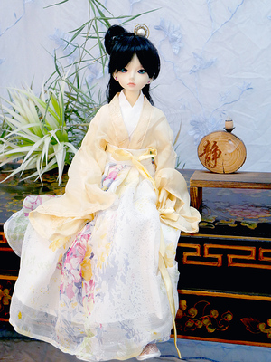原创设计汉服娃娃BJD3分4分女装真丝烂花齐腰襦裙3件套现货娃衣