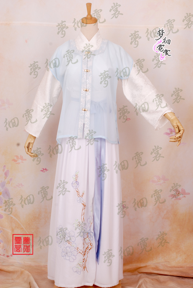 汉服女装蓝色绣花雪纺明制方领比甲半臂襦裙3件套全新现货包邮