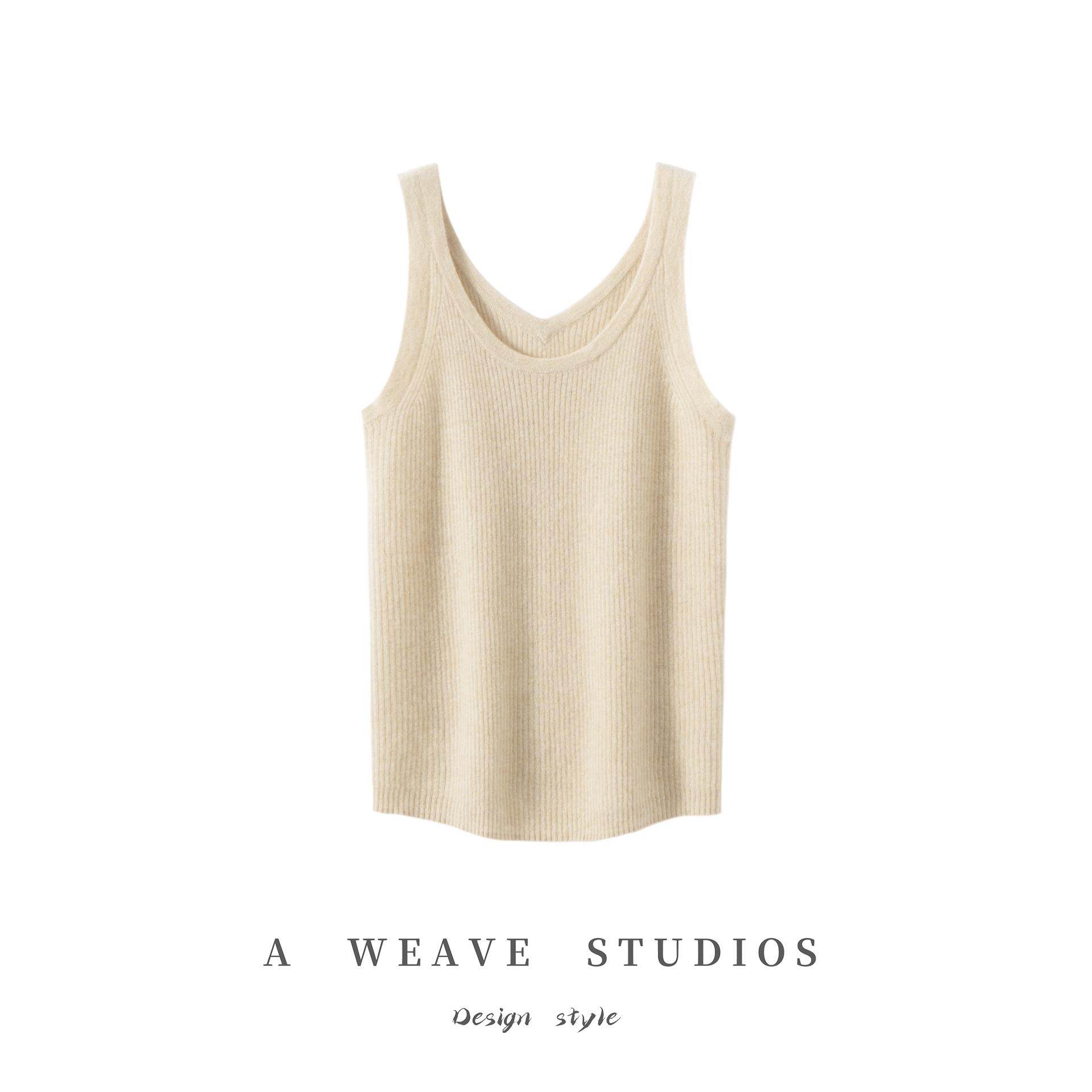 正反两穿100%纯山羊绒针织背心女含金银丝圆V领无袖毛衣内搭吊带