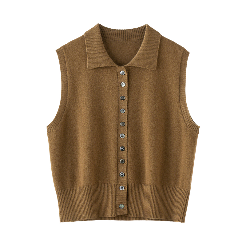 100%山羊绒开衫女翻领无袖针织背心宽松显瘦毛衣外套新款坎肩上衣