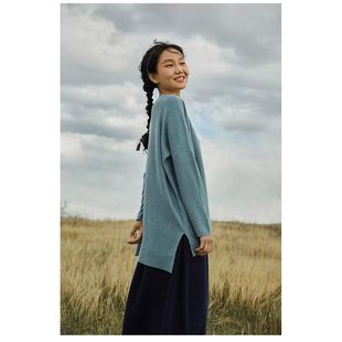 纸片人既视感 纯山羊绒衫女士圆领宽松下摆开叉羊绒毛衣