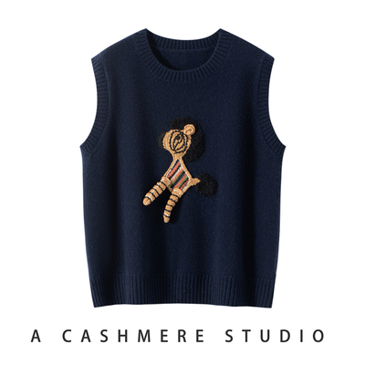 卡通风立体小马针织女V领100纯山羊绒衫马甲背心无袖外穿叠穿坎肩