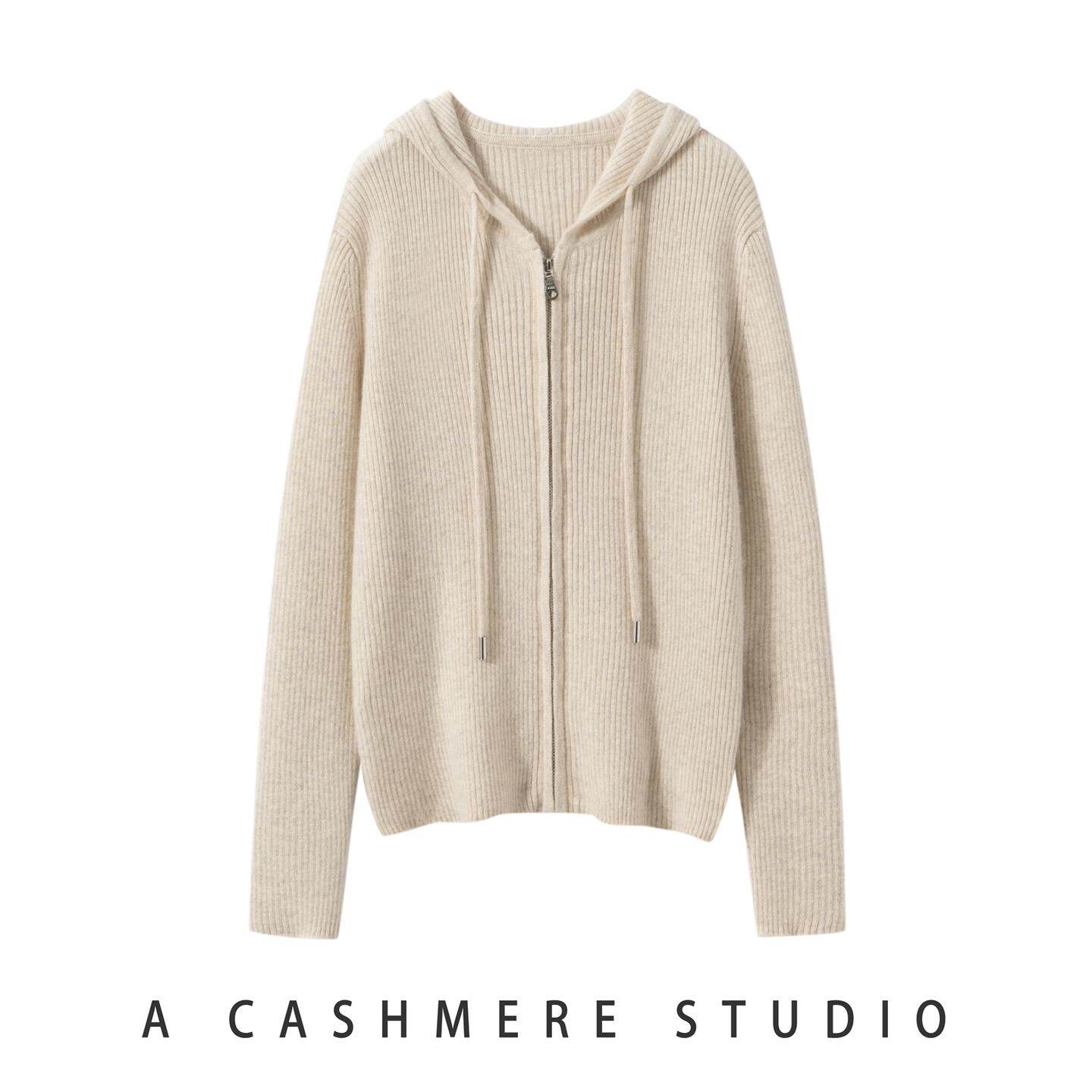 2025秋冬新款100%纯山羊绒开衫女连帽针织衫修身显瘦拉链毛衣外套