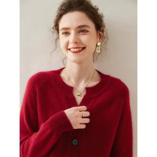 2025秋冬新款圆领气质山羊绒开衫女双股加厚宽松大码针织毛衣外套