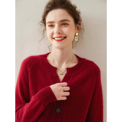 2025秋冬新款圆领气质山羊绒开衫女双股加厚宽松大码针织毛衣外套