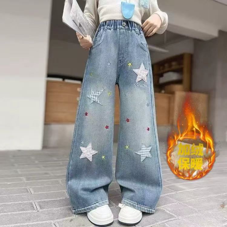 女童星星刺绣韩版牛仔阔腿裤