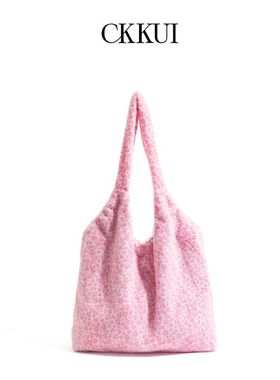 CKKUI 韩系学院风豹纹女包2025秋冬毛毛手提包毛绒小众单肩包