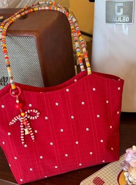 韩系红色花朵帆布包2025新款撞色编织单肩包托特包通勤手提购物袋