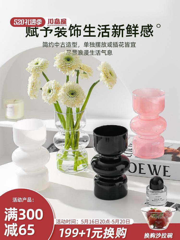川岛屋玻璃花瓶摆件客厅插花透明水养高级感ins装饰网红小众花瓶