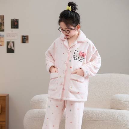 儿童可爱hellokitty珊瑚绒睡衣女童冬季保暖法兰绒女孩大童居家服