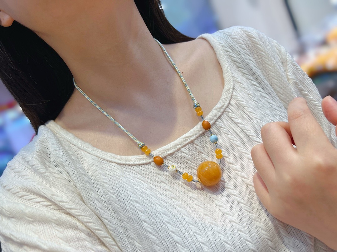 天然原矿蜜蜡圆珠锁骨链