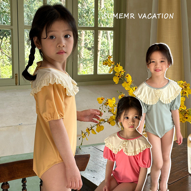 韩版泡泡袖儿童泳衣娃娃领公主风小女孩可爱连体泳装度假游泳套装