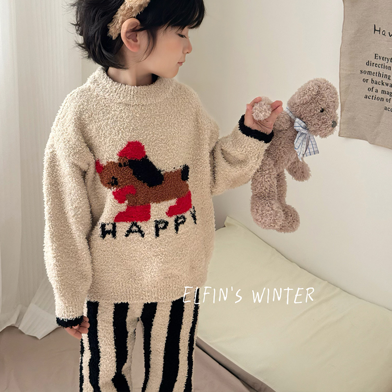 儿童秋冬新款家居服套装男宝宝洋气条纹半边绒加厚圆领睡衣两件套