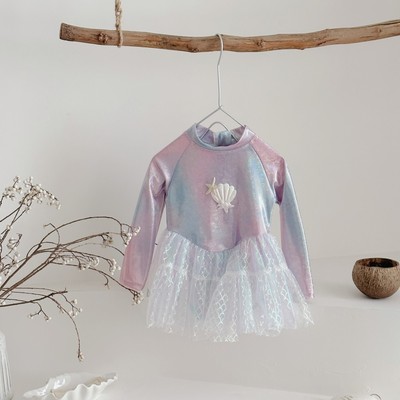 女童美人鱼泳衣夏装2025新款超洋气儿童长袖防晒裙式公主连体泳装